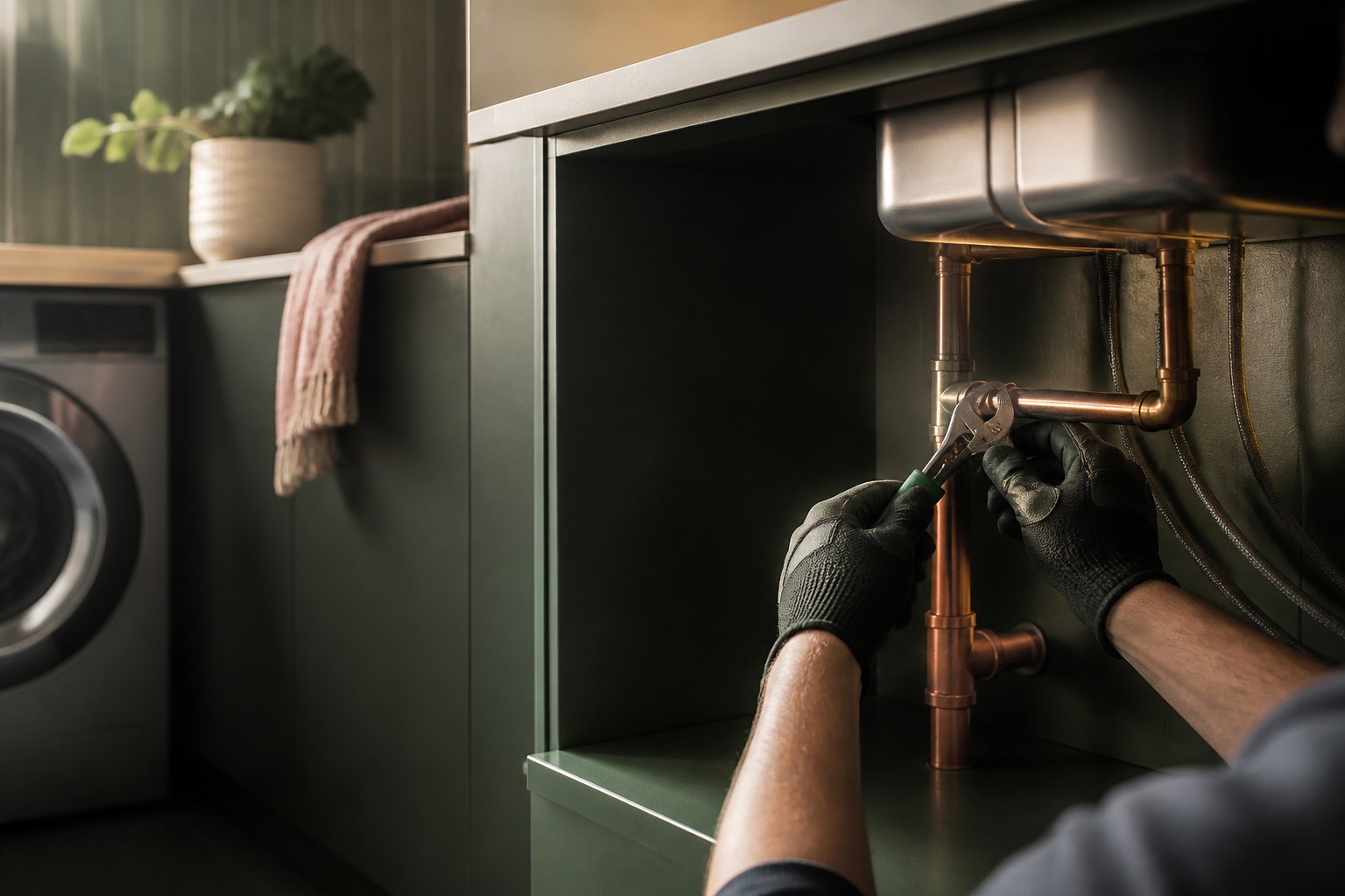 Gloved hands inspecting copper pipework beneath a modern sink
